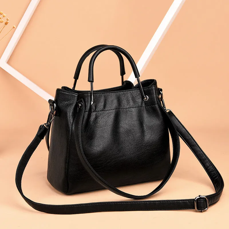 Korean fashion women's soft PU retro bucket handbag medium size solid colour with zipper closure