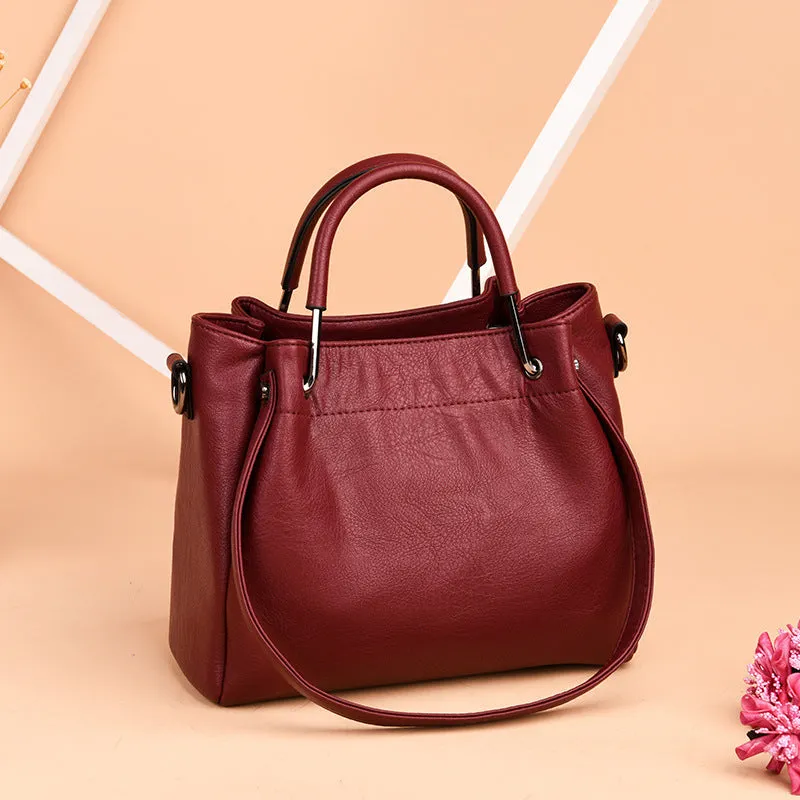 Korean fashion women's soft PU retro bucket handbag medium size solid colour with zipper closure