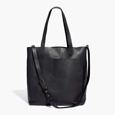 Medium genuine leather tote bag square vertical shape double shoulder straps retro sewing line black or brown