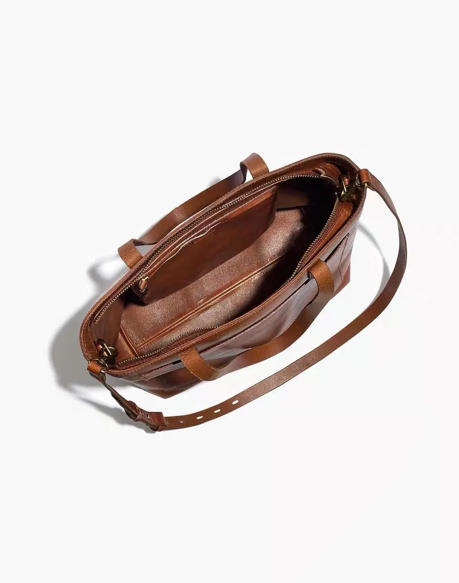 Medium genuine leather tote bag square vertical shape double shoulder straps retro sewing line black or brown