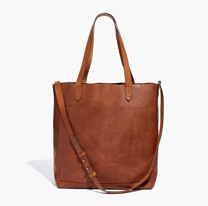Medium genuine leather tote bag square vertical shape double shoulder straps retro sewing line black or brown