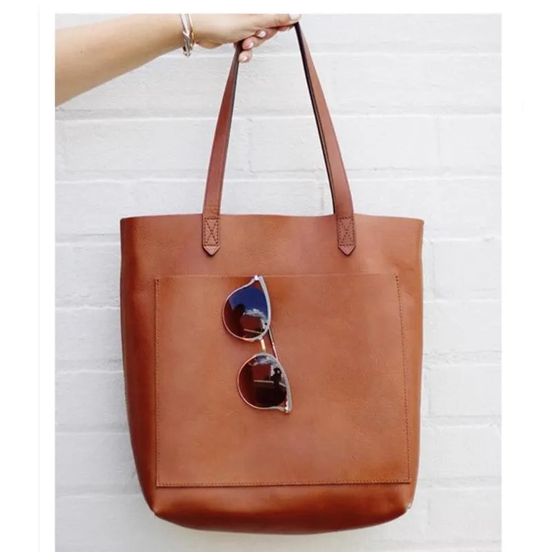 Medium genuine leather tote bag square vertical shape double shoulder straps retro sewing line black or brown