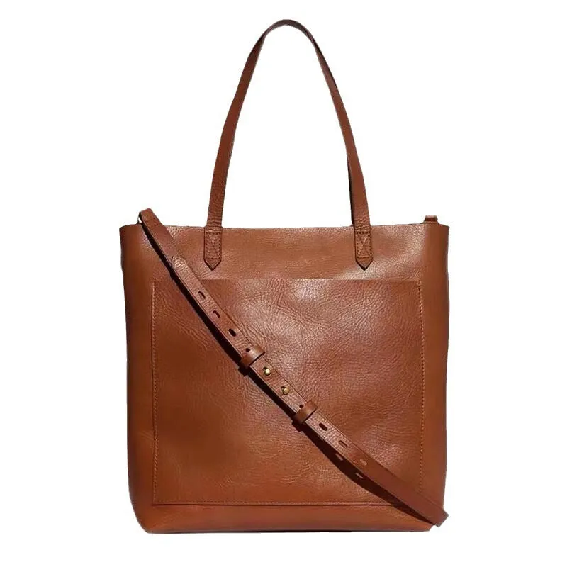 Medium genuine leather tote bag square vertical shape double shoulder straps retro sewing line black or brown