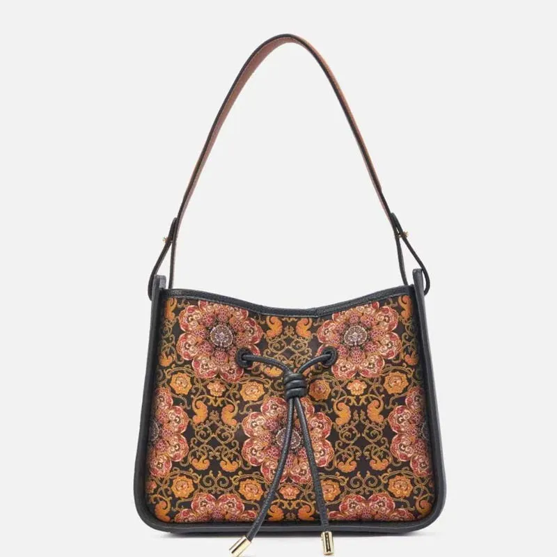 Light luxury genuine leather underarm bag in bucket shape, beige, with three-dimensional outer pocket on front