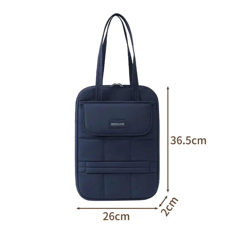 Unisex 15-inch laptop bag in beige with waterproof polyester exterior and baby velvet lining, urban simplicity style