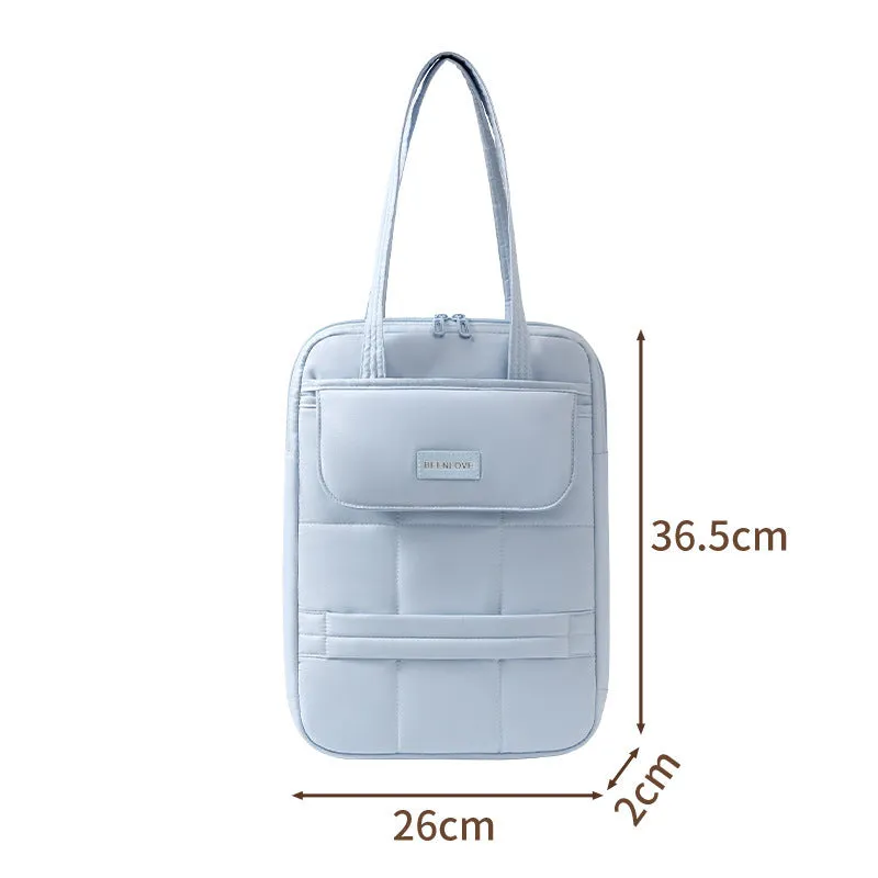 Unisex 15-inch laptop bag in beige with waterproof polyester exterior and baby velvet lining, urban simplicity style
