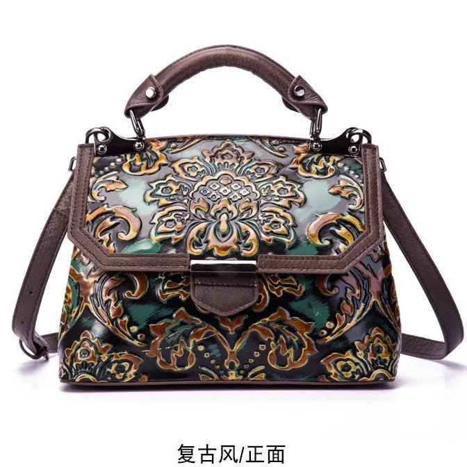 Women's retro shoulder messenger bag made of genuine cowhide leather with embossed flowers, flap closure, horizontal shape, apricot colour