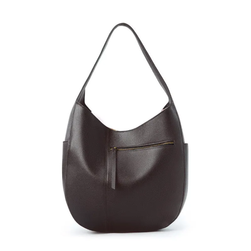 Genuine leather top layer cowhide shell tote bag in black with open outer pocket