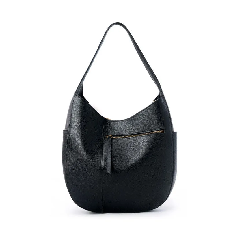 Genuine leather top layer cowhide shell tote bag in black with open outer pocket