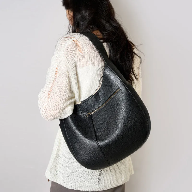 Genuine leather top layer cowhide shell tote bag in black with open outer pocket