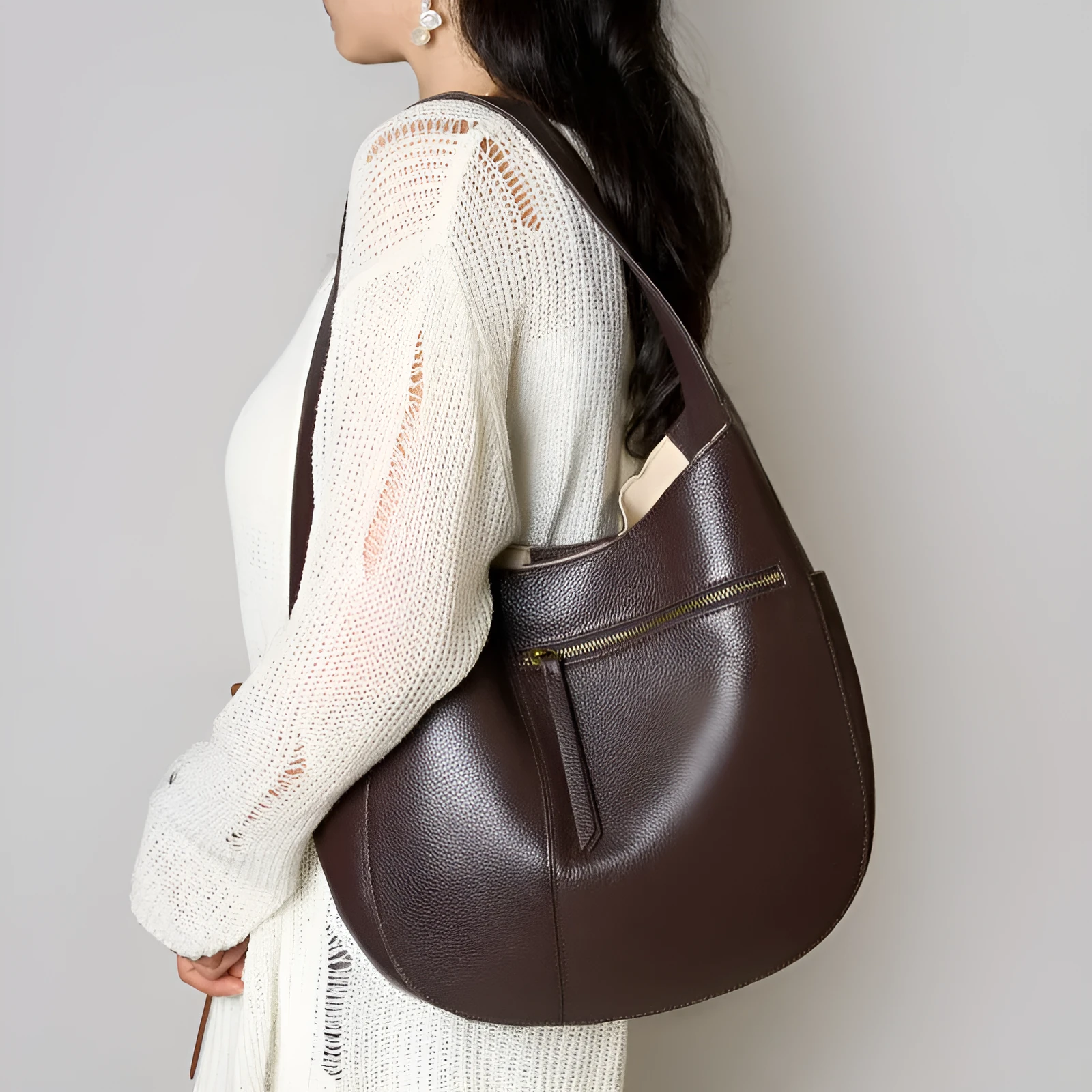 Genuine leather top layer cowhide shell tote bag in black with open outer pocket