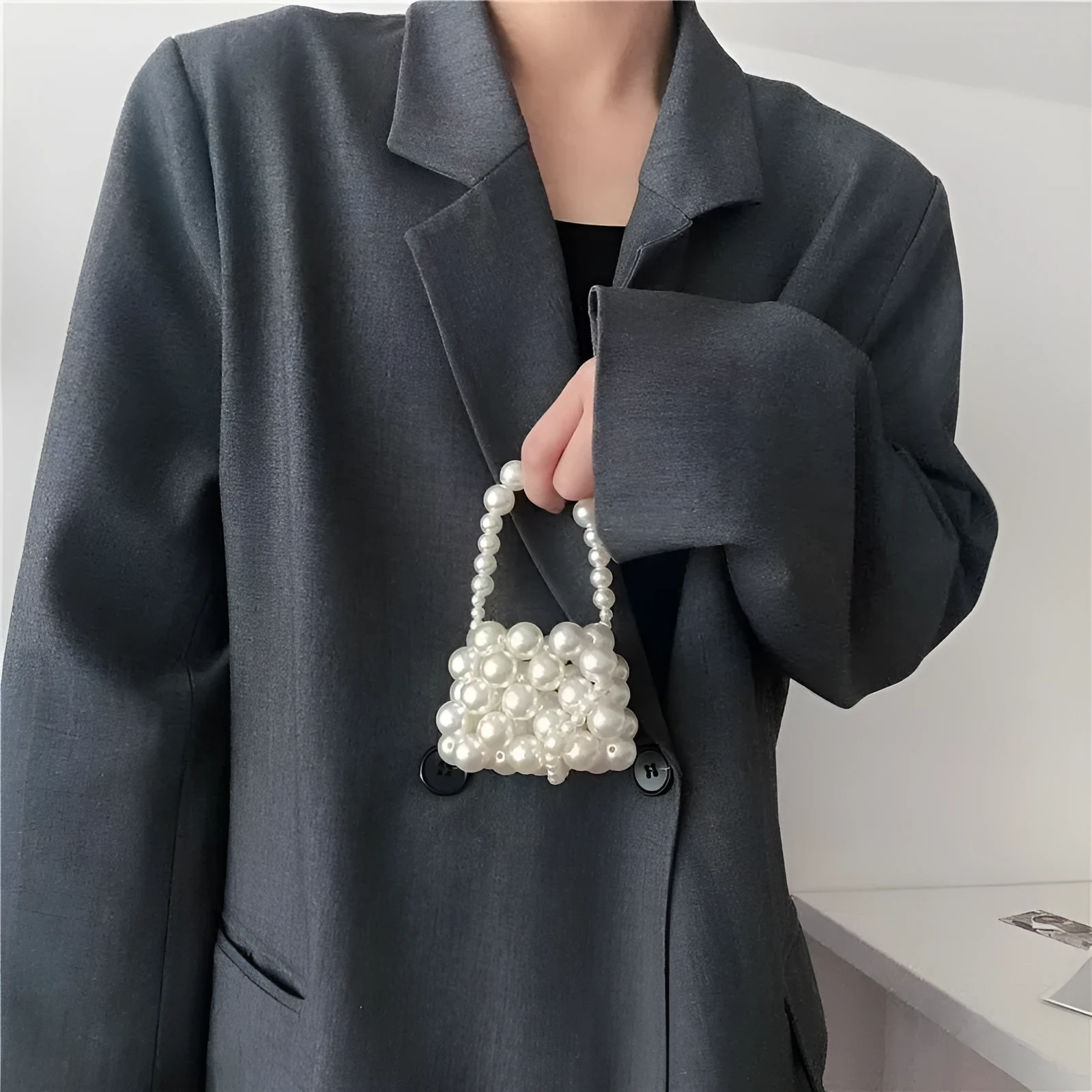 Mini crossbody handbag for women in imitation pearl with geometric pattern, ultralight and antibacterial design