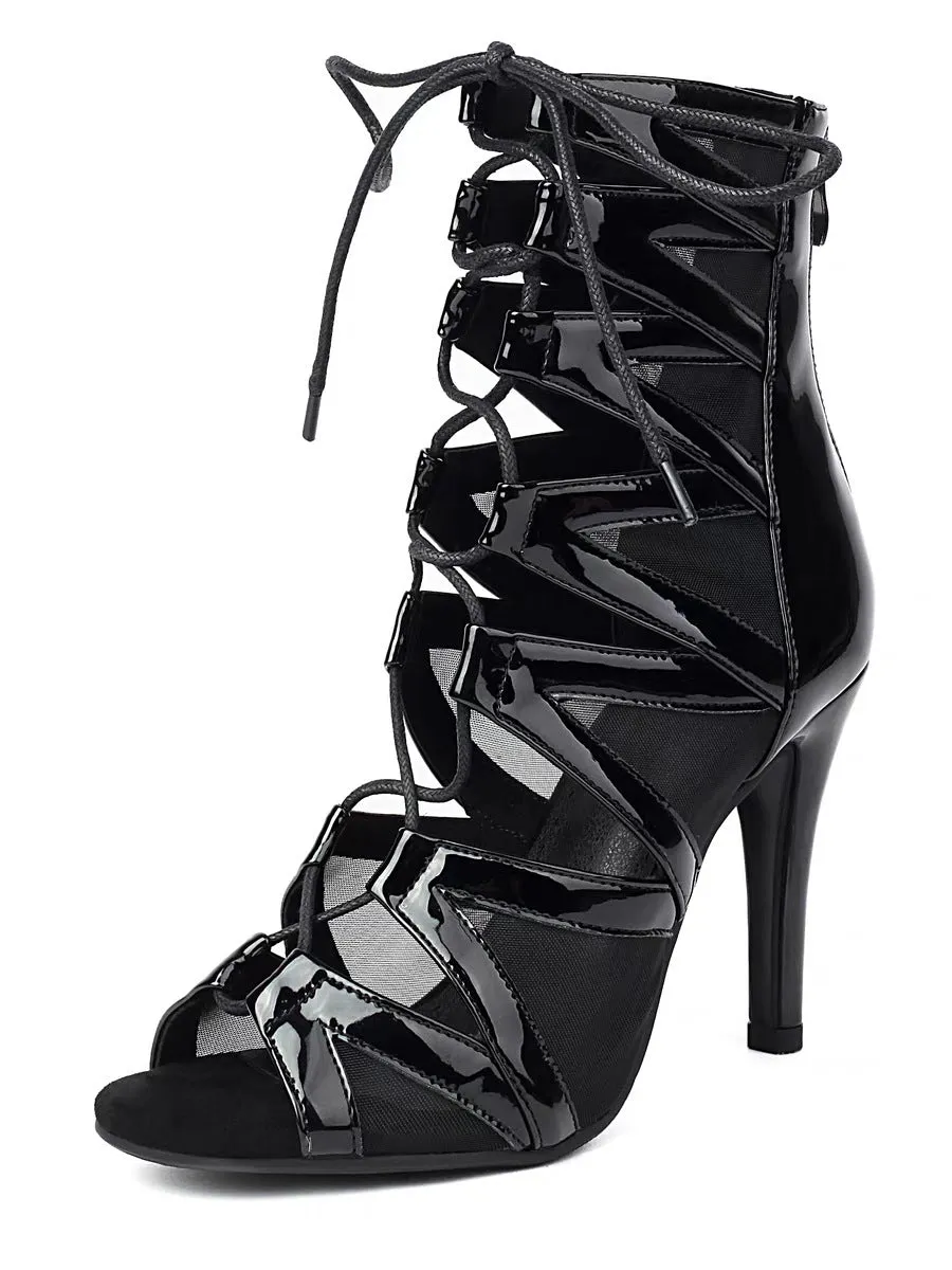 Jazz High Heels Booties with Belt Buckle Hollow Mesh Peep Toe Front Lace-Up Microfiber Upper Renewable Leather Sole Multiple Sizes and Heel Heights