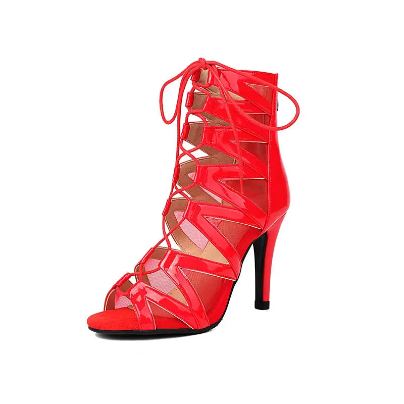 Jazz High Heels Booties with Belt Buckle Hollow Mesh Peep Toe Front Lace-Up Microfiber Upper Renewable Leather Sole Multiple Sizes and Heel Heights
