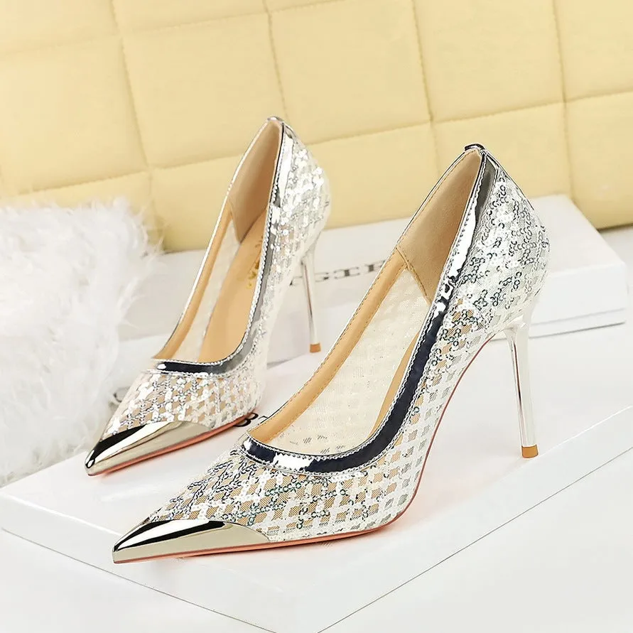 Women's pointed low-cut stiletto high heels in solid colour with super high heel over 8cm, rubber sole, and PU lining