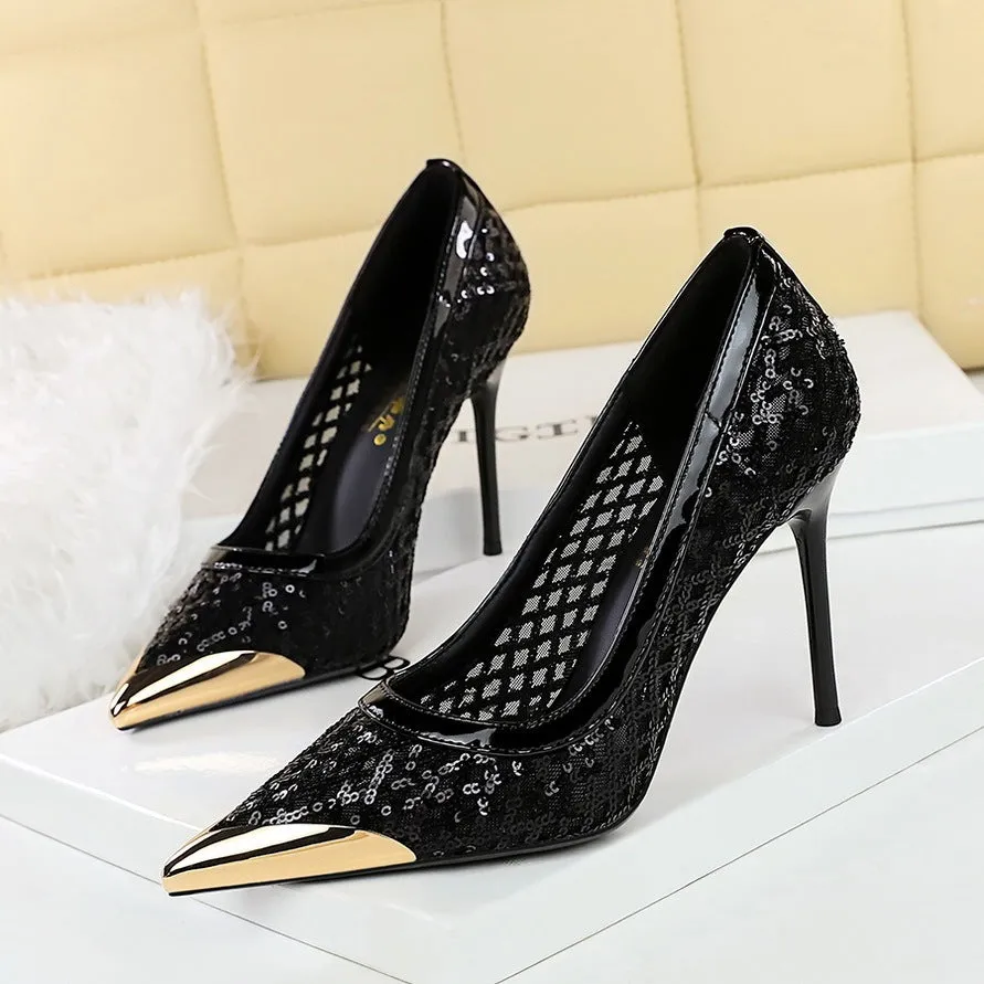 Women's pointed low-cut stiletto high heels in solid colour with super high heel over 8cm, rubber sole, and PU lining