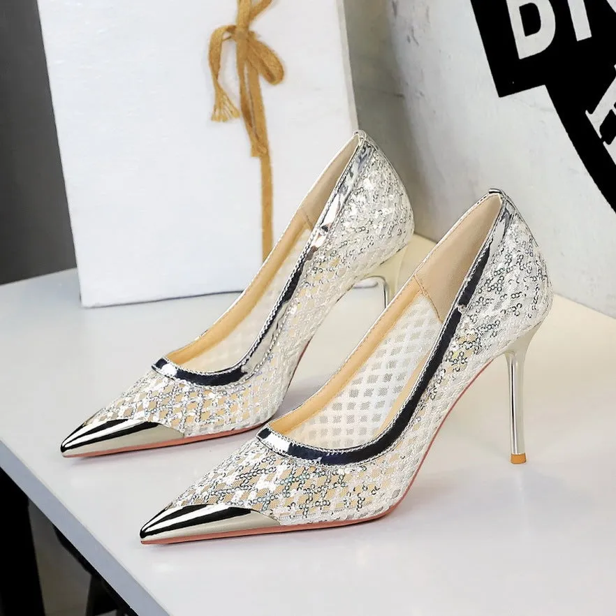 Women's pointed low-cut stiletto high heels in solid colour with super high heel over 8cm, rubber sole, and PU lining
