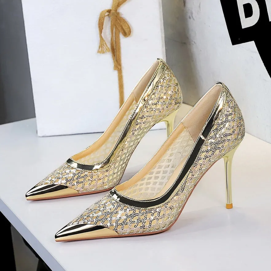 Women's pointed low-cut stiletto high heels in solid colour with super high heel over 8cm, rubber sole, and PU lining