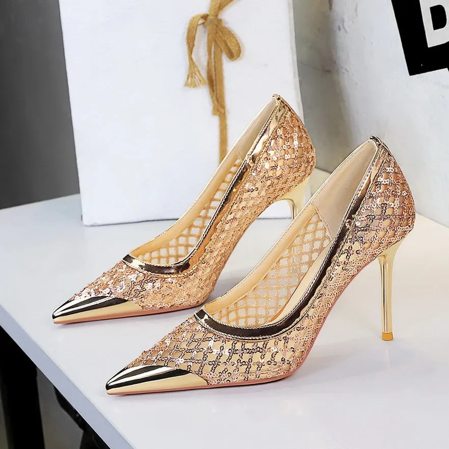 Women's pointed low-cut stiletto high heels in solid colour with super high heel over 8cm, rubber sole, and PU lining