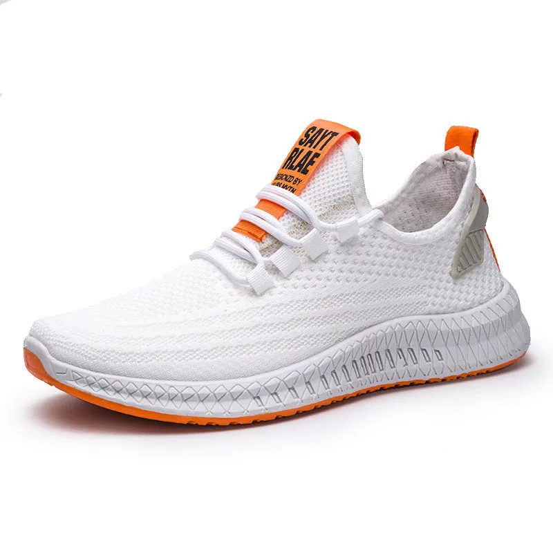 Men's flying woven casual sneakers in orange with white sole, low-top design