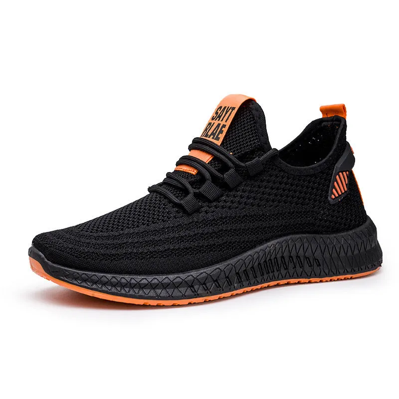 Men's flying woven casual sneakers in orange with white sole, low-top design