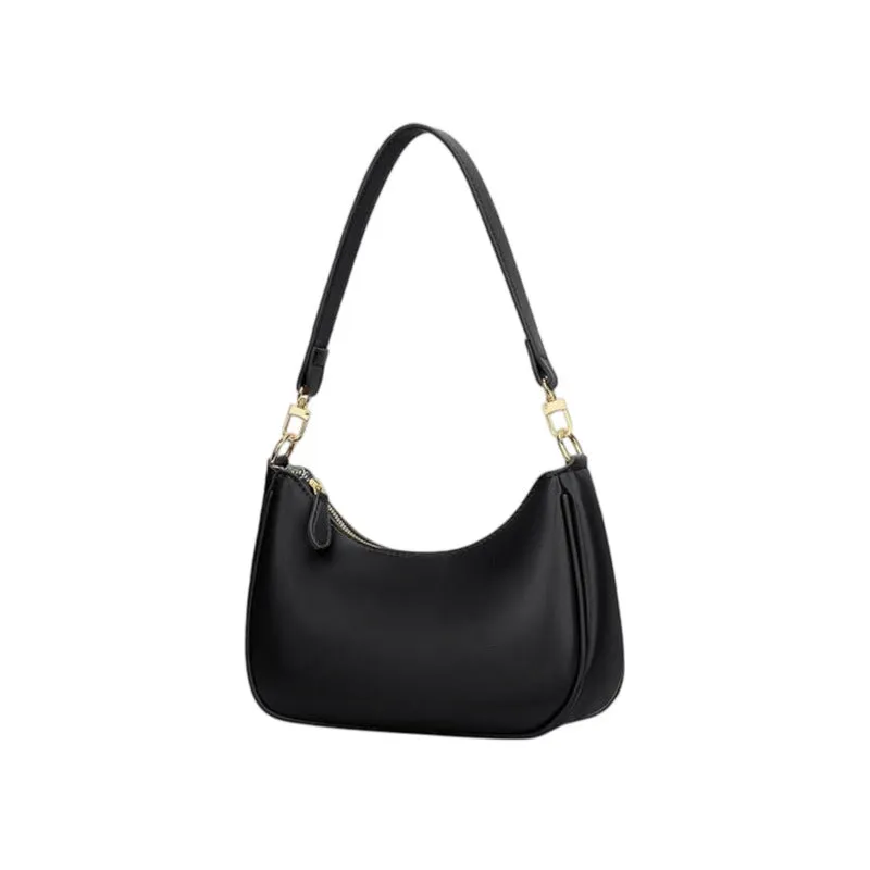 Black women's retro PU shoulder bag with horizontal square shape and sewing thread detailing on plain background