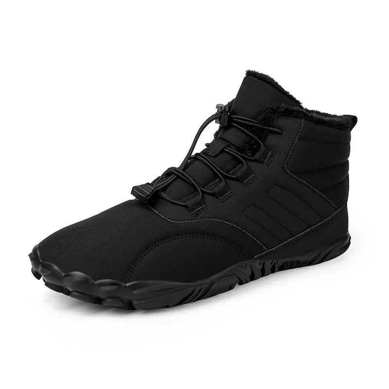 Outdoor winter slip-on boots for men and women with non-slip rubber sole, artificial plush lining, and waterproof Oxford cloth upper in black colour
