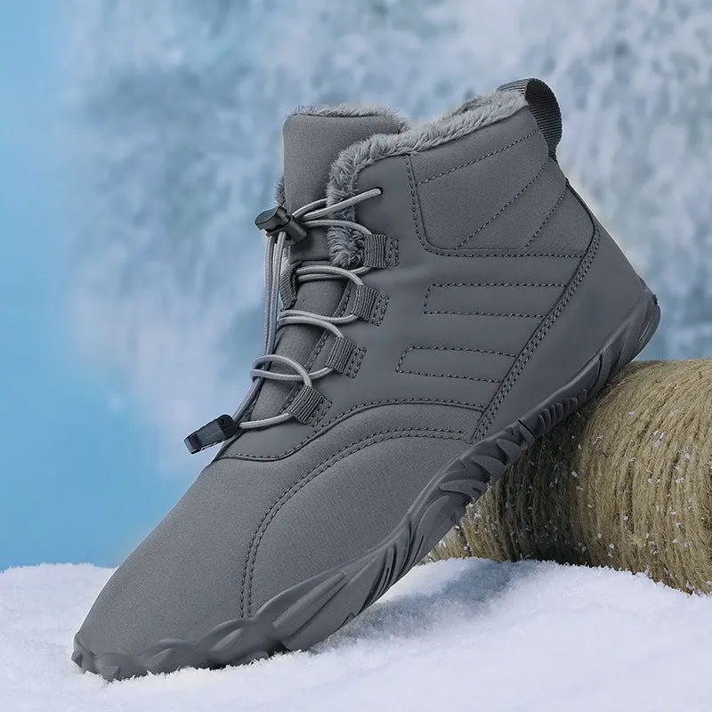Outdoor winter slip-on boots for men and women with non-slip rubber sole, artificial plush lining, and waterproof Oxford cloth upper in black colour