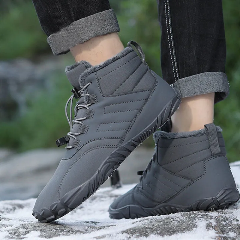 Outdoor winter slip-on boots for men and women with non-slip rubber sole, artificial plush lining, and waterproof Oxford cloth upper in black colour
