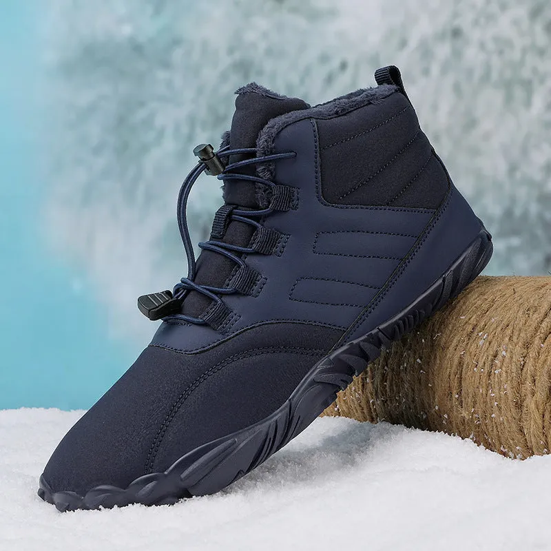 Outdoor winter slip-on boots for men and women with non-slip rubber sole, artificial plush lining, and waterproof Oxford cloth upper in black colour