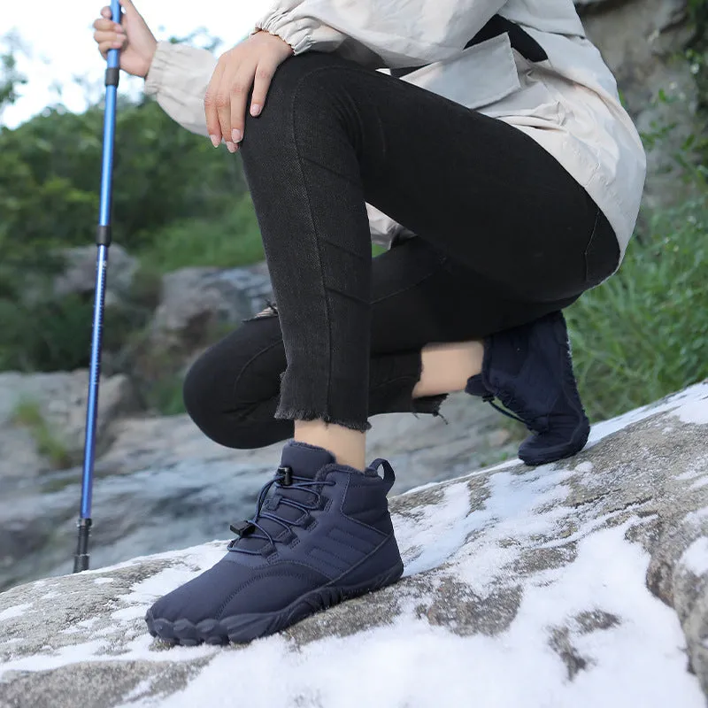 Outdoor winter slip-on boots for men and women with non-slip rubber sole, artificial plush lining, and waterproof Oxford cloth upper in black colour