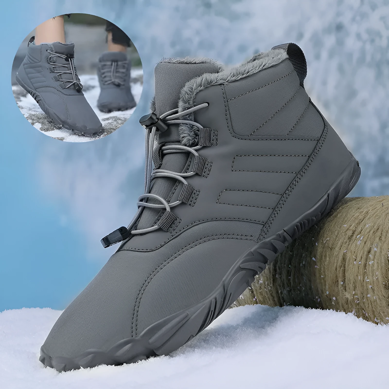Outdoor winter slip-on boots for men and women with non-slip rubber sole, artificial plush lining, and waterproof Oxford cloth upper in black colour