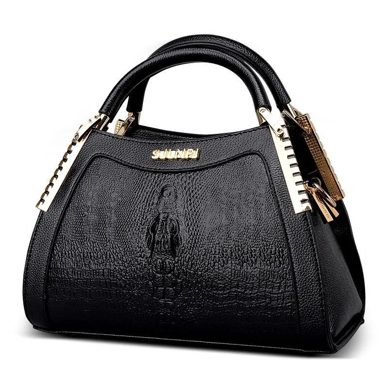 Fashion handbag with embossed crocodile pattern, zipper closure, trapezoid shape, PU material, available in five colours
