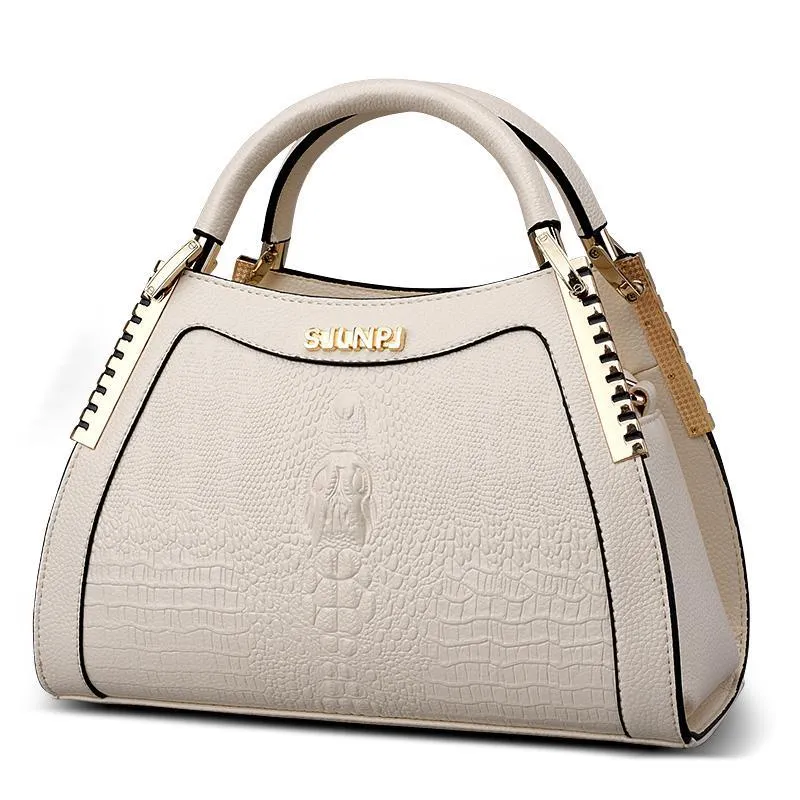 Fashion handbag with embossed crocodile pattern, zipper closure, trapezoid shape, PU material, available in five colours
