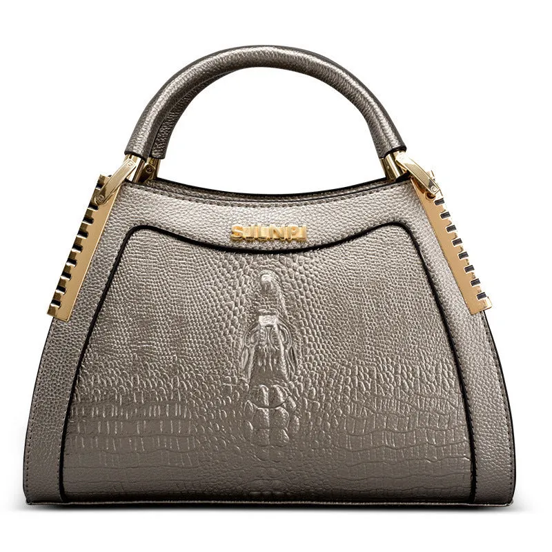 Fashion handbag with embossed crocodile pattern, zipper closure, trapezoid shape, PU material, available in five colours
