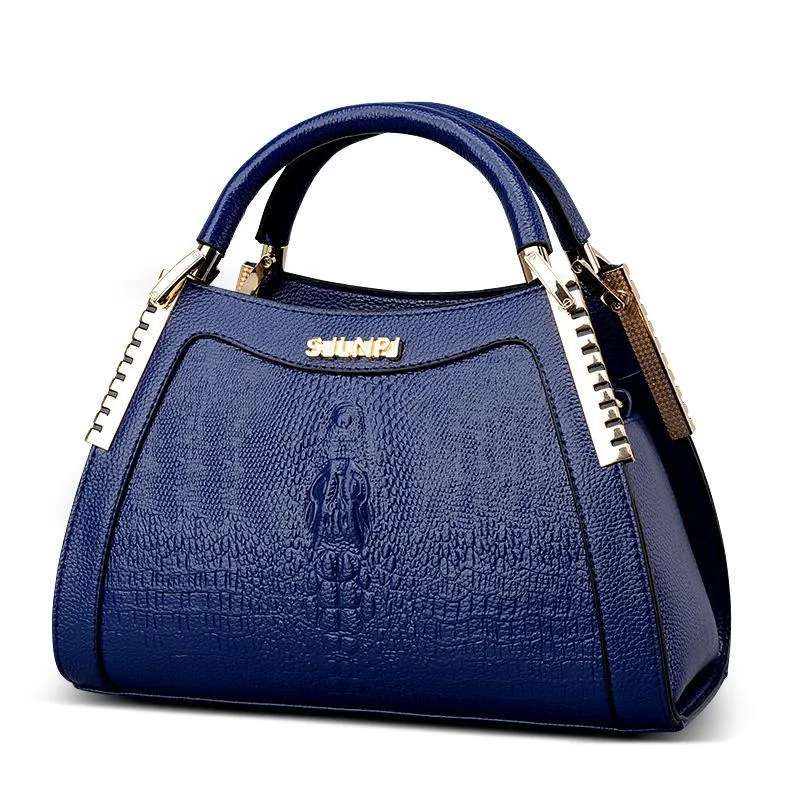 Fashion handbag with embossed crocodile pattern, zipper closure, trapezoid shape, PU material, available in five colours