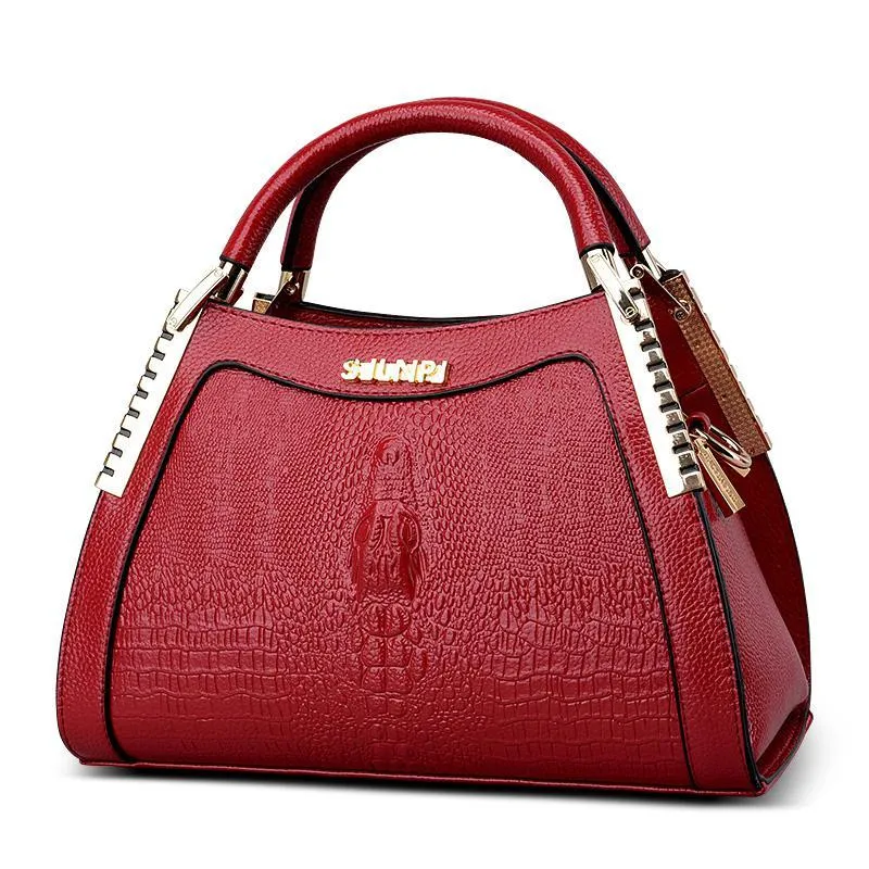Fashion handbag with embossed crocodile pattern, zipper closure, trapezoid shape, PU material, available in five colours