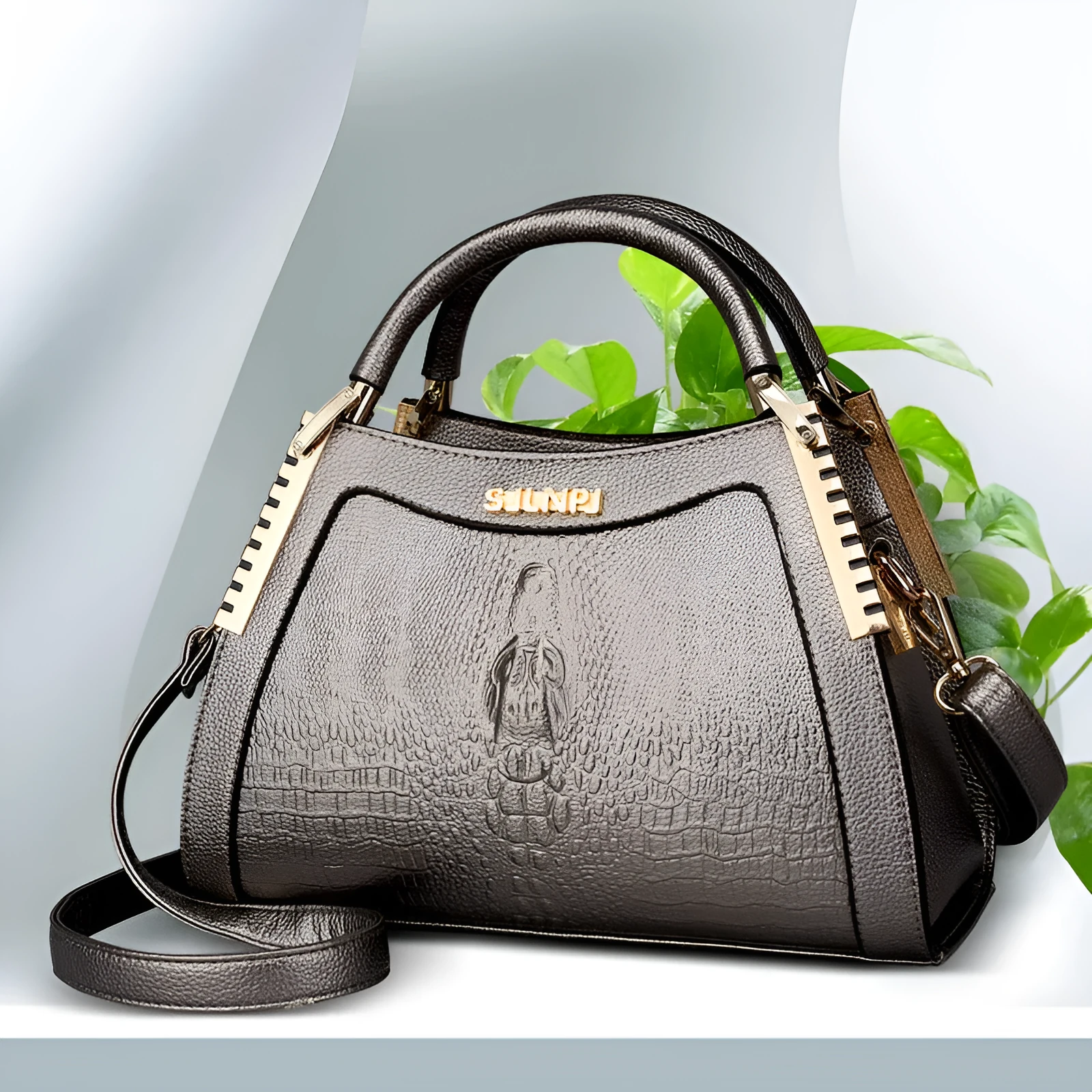Fashion handbag with embossed crocodile pattern, zipper closure, trapezoid shape, PU material, available in five colours