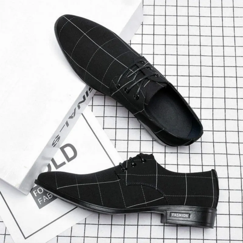 Men's black canvas dress shoes low top with leather-like finish size 38-48