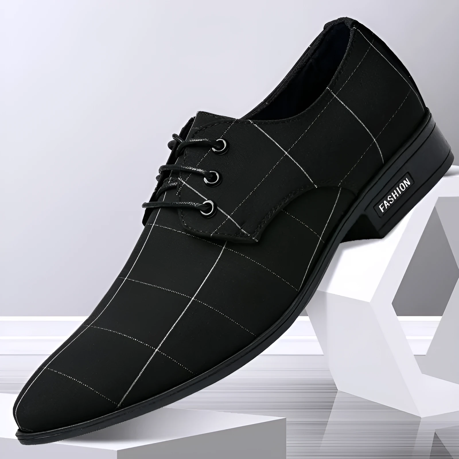 Men's black canvas dress shoes low top with leather-like finish size 38-48