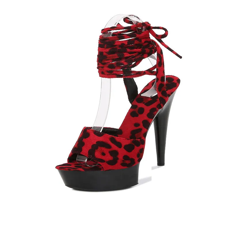 Stiletto heel leopard print high heels with platform, fish mouth toe, and ankle bandage cloth
