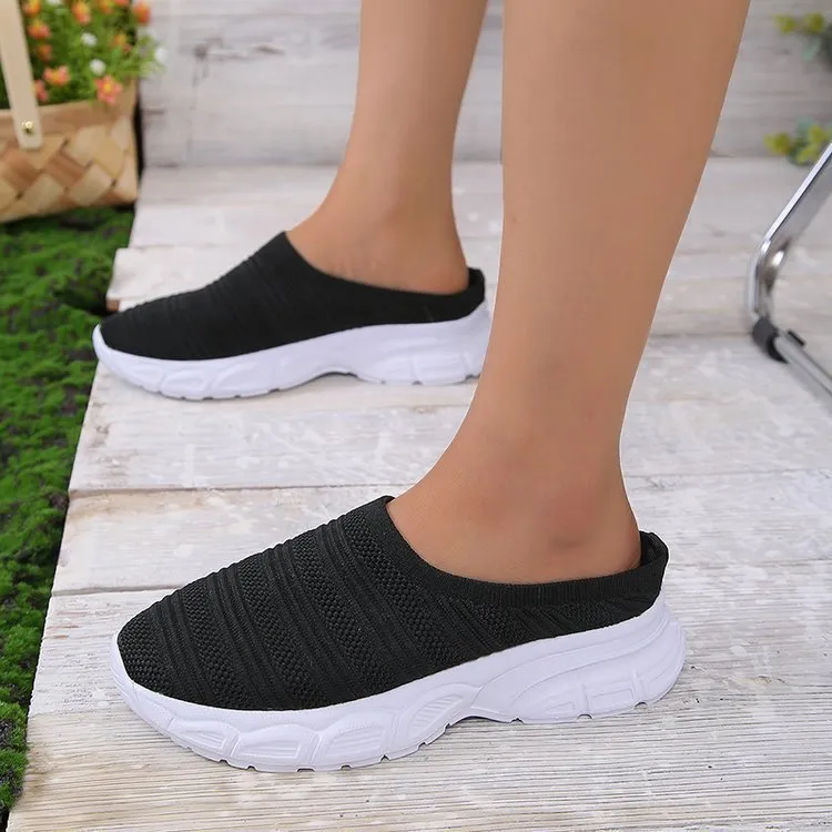Women's mesh casual wedge heel slipper in beige with round toe and rubber sole