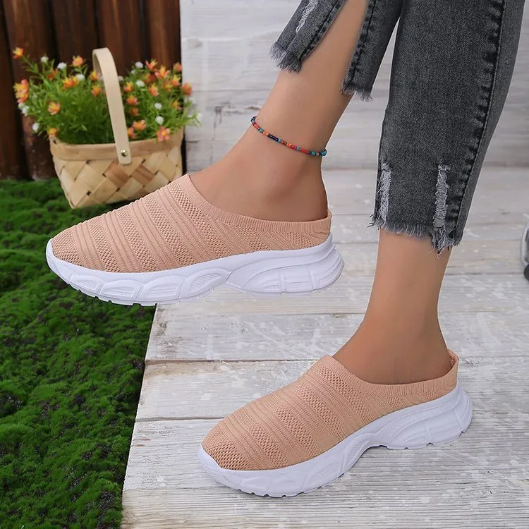 Women's mesh casual wedge heel slipper in beige with round toe and rubber sole