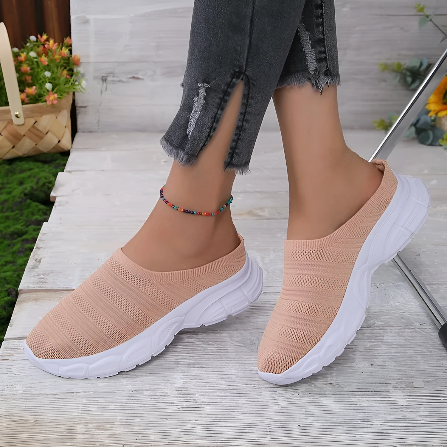 Women's mesh casual wedge heel slipper in beige with round toe and rubber sole