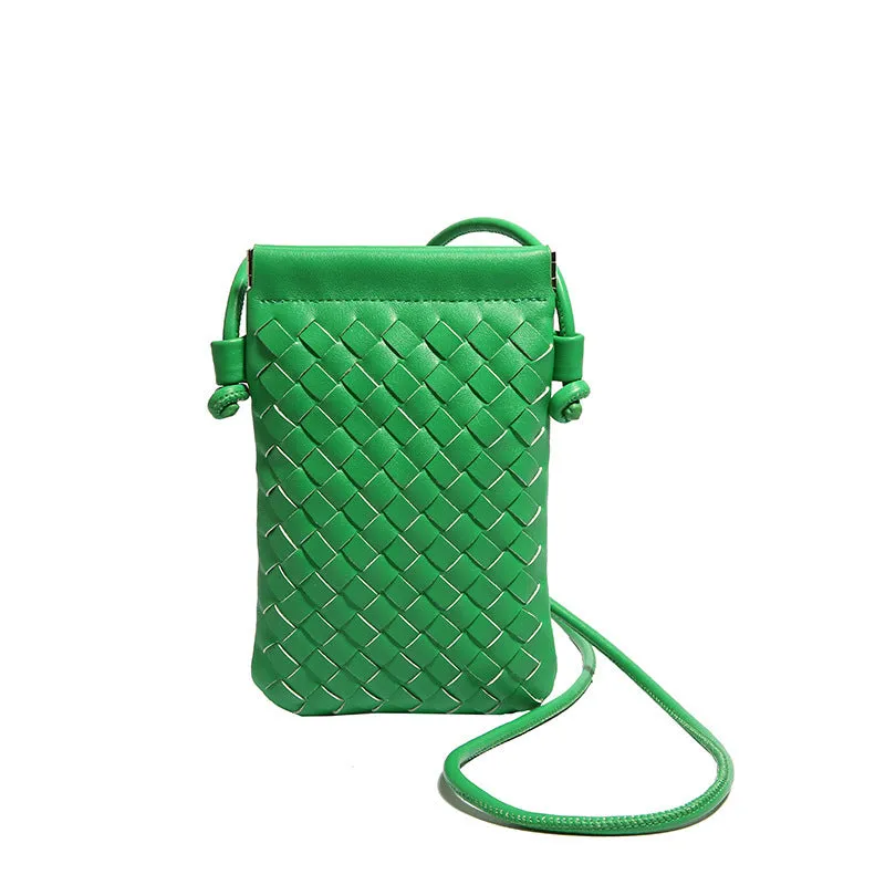 Vertical square PU crossbody bag with vintage weave texture in multiple colour options showing phone compartment.