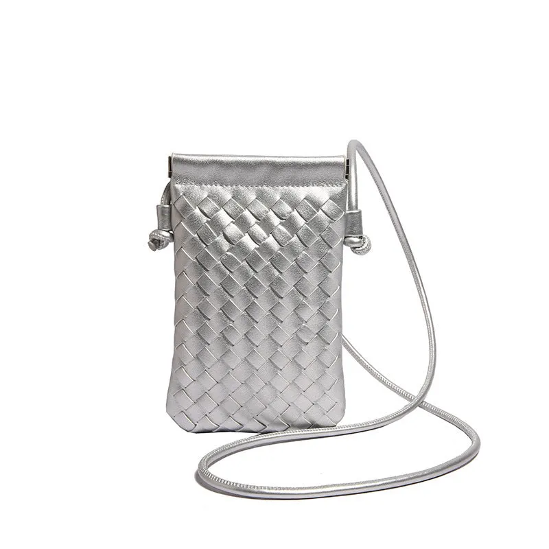 Vertical square PU crossbody bag with vintage weave texture in multiple colour options showing phone compartment.