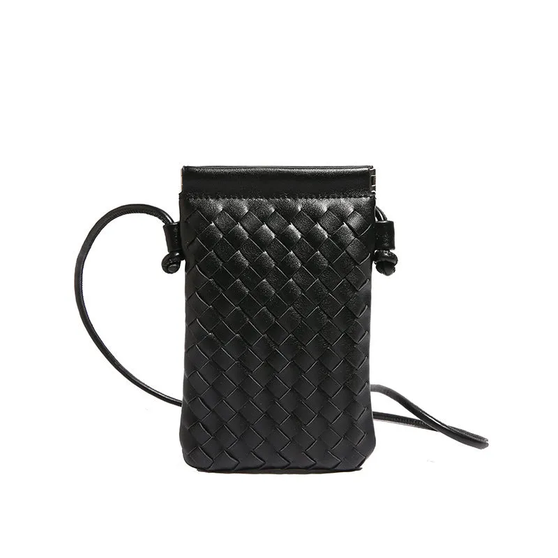Vertical square PU crossbody bag with vintage weave texture in multiple colour options showing phone compartment.