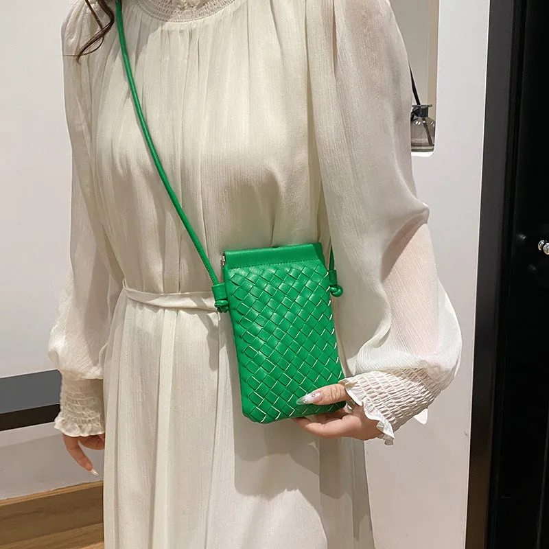 Vertical square PU crossbody bag with vintage weave texture in multiple colour options showing phone compartment.