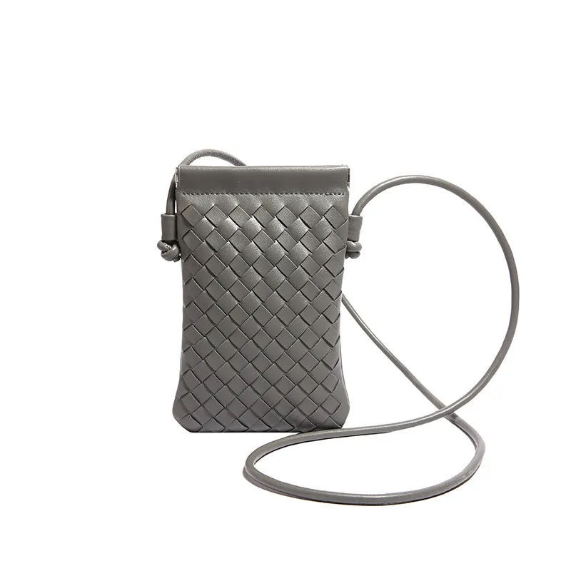 Vertical square PU crossbody bag with vintage weave texture in multiple colour options showing phone compartment.