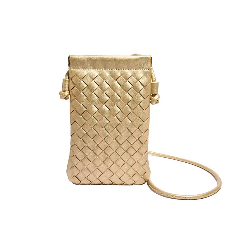 Vertical square PU crossbody bag with vintage weave texture in multiple colour options showing phone compartment.